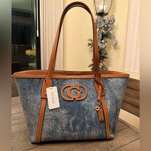 Guess Stylish Denim and Tan Tote Bag, NWT